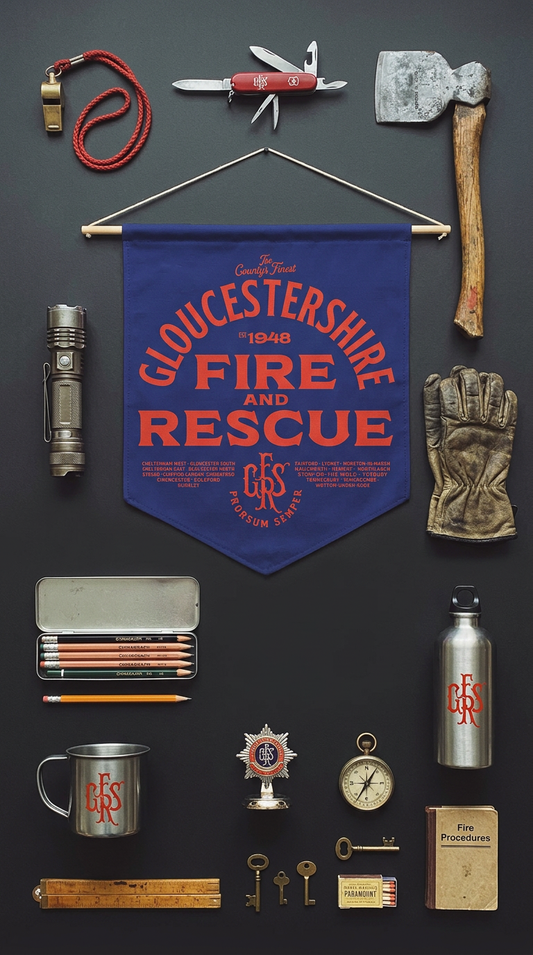 Collection of firefighting tools and equipment with a 'Gloucestershire Fire and Rescue' banner on a dark background.