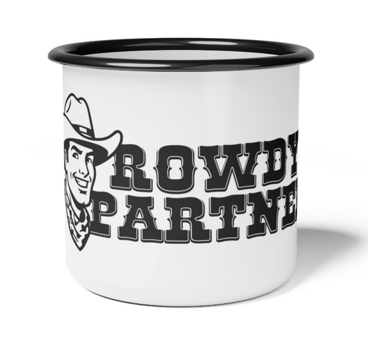 White mug with black rim featuring a cowboy graphic and 'Rowdy Partner' text on a white background